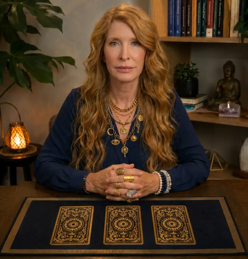 Tarot reader seated at a table with three ornate gold-backed cards